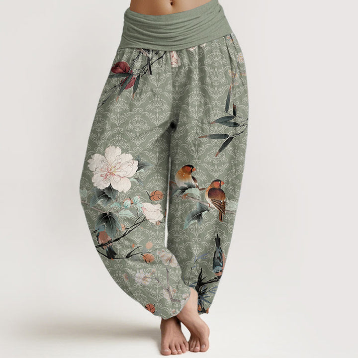 Pantalones harén de algodón puro con diseño de mandala, ramas de flores y pájaros currucas, con Buddha Stones y cintura elástica para mujer - Verde claro - US22，UK/AU26，EU54 (6XL) - image 0