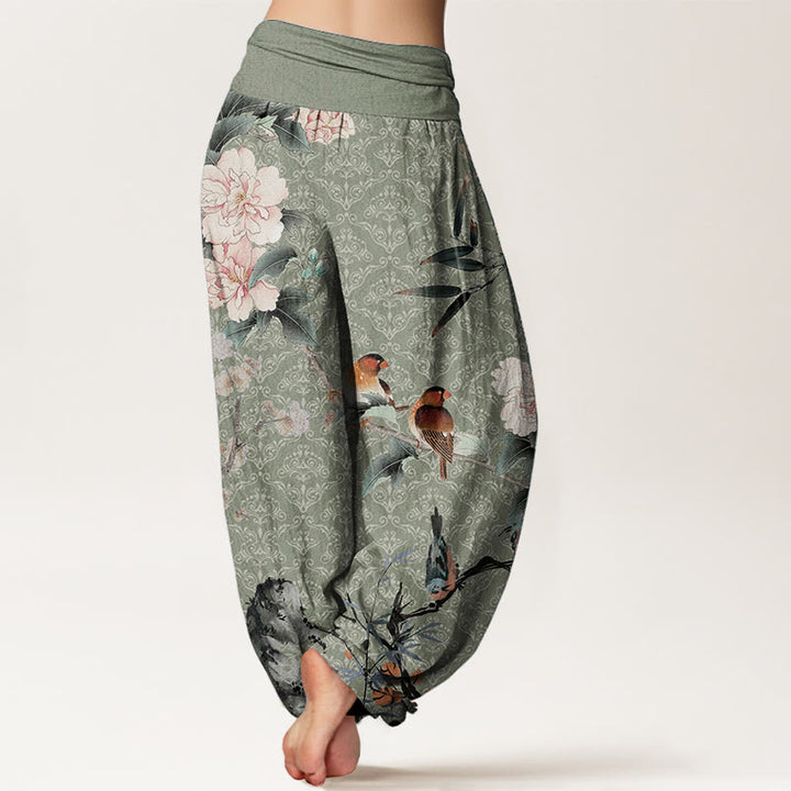 Pantalones harén de algodón puro con diseño de mandala, ramas de flores y pájaros currucas, con Buddha Stones y cintura elástica para mujer - image 1