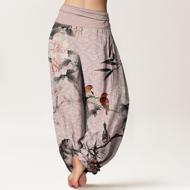 Pantalones harén de algodón puro con diseño de mandala, ramas de flores y pájaros currucas, con Buddha Stones y cintura elástica para mujer - image 9