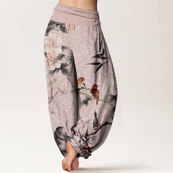 Pantalones harén de algodón puro con diseño de mandala, ramas de flores y pájaros currucas, con Buddha Stones y cintura elástica para mujer - image 9