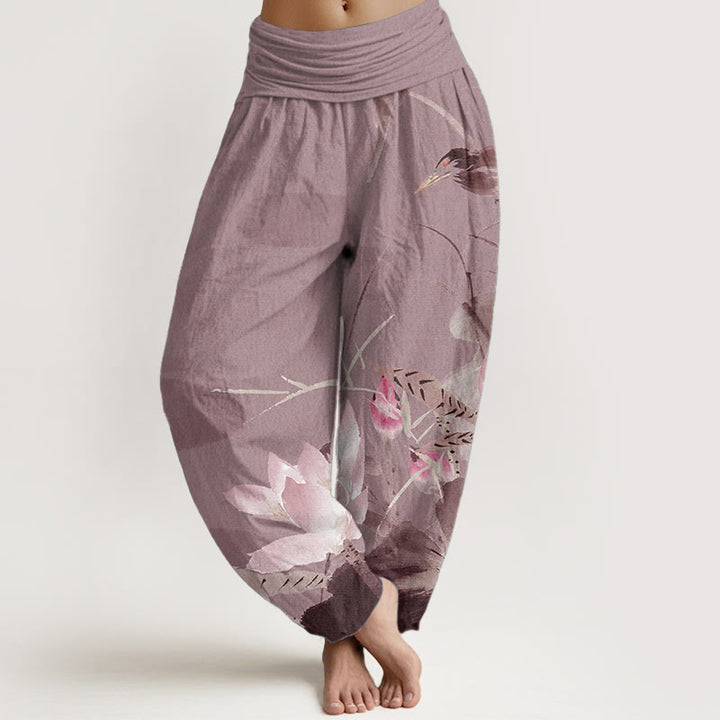 Pantalones harén de algodón puro con estampado de Buddha Stones de loto rosa y pájaro para mujer, con cintura elástica - Rojo violeta pálido - US22，UK/AU26，EU54 (6XL) - image 8