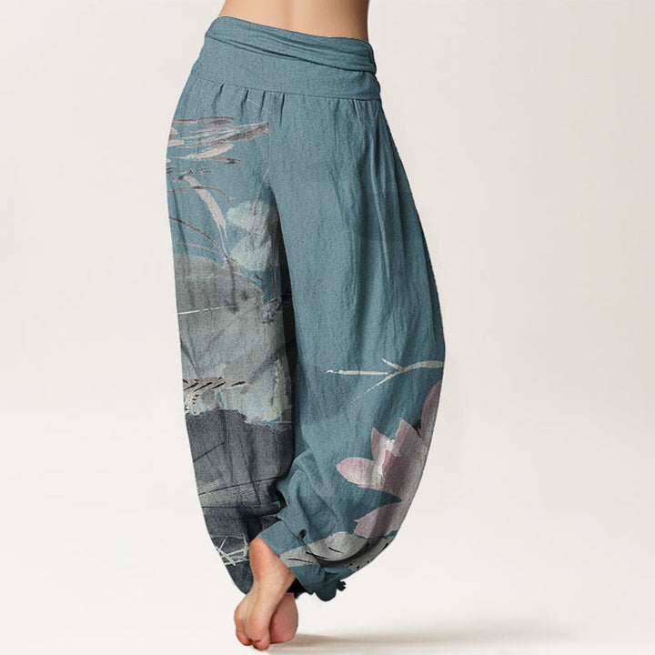 Pantalones harén de algodón puro con estampado de Buddha Stones de loto rosa y pájaro para mujer, con cintura elástica - image 6