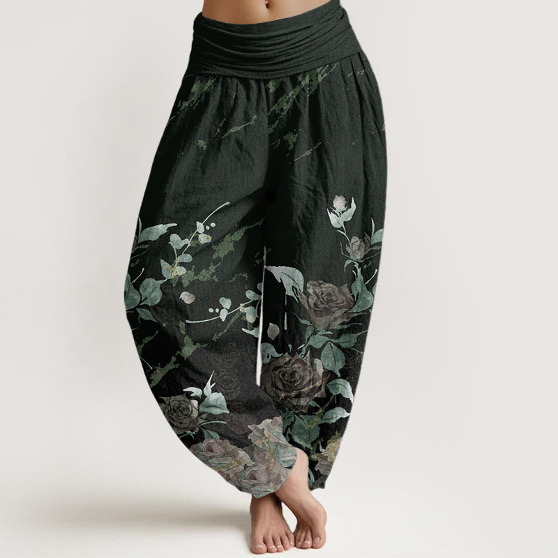 Pantalones Buddha Stones de algodón puro con estampado de rosas florecientes para mujer, cintura elástica - Verde oscuro - US22，UK/AU26，EU54 (6XL) - image 8