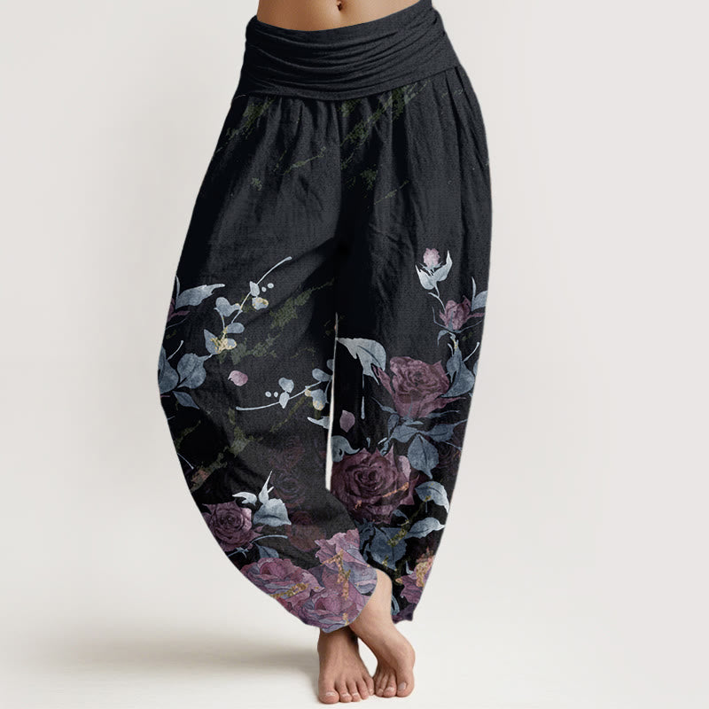 Pantalones Buddha Stones de algodón puro con estampado de rosas florecientes para mujer, cintura elástica - Gris pizarra oscuro - US22，UK/AU26，EU54 (6XL) - image 5