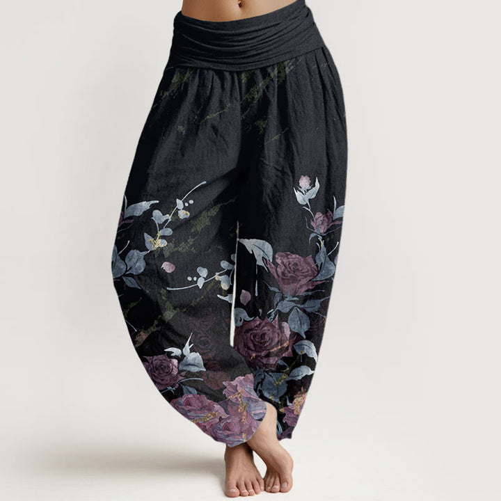 Pantalones Buddha Stones de algodón puro con estampado de rosas florecientes para mujer, cintura elástica - Gris pizarra oscuro - US22，UK/AU26，EU54 (6XL) - image 5