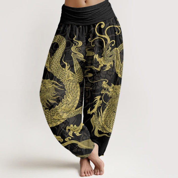 Pantalones harén de algodón puro con diseño de Buddha Stones y nubes auspiciosas para mujer, con cintura elástica