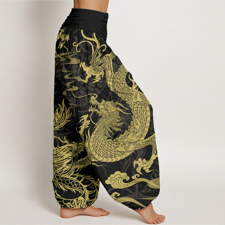 Pantalones harén de algodón puro con diseño de Buddha Stones y nubes auspiciosas para mujer, con cintura elástica