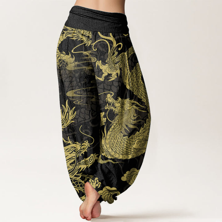 Pantalones harén de algodón puro con diseño de Buddha Stones y nubes auspiciosas para mujer, con cintura elástica