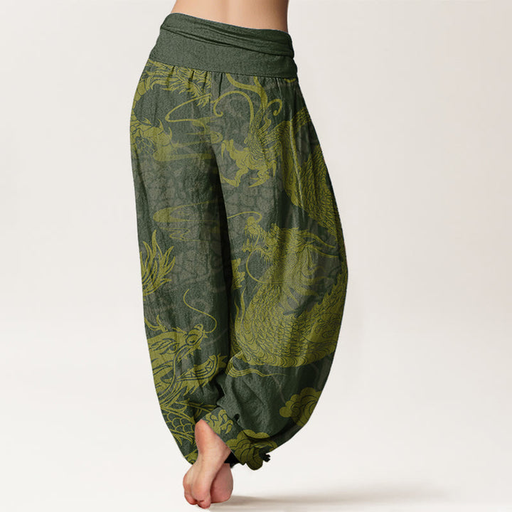 Pantalones harén de algodón puro con diseño de Buddha Stones y nubes auspiciosas para mujer, con cintura elástica