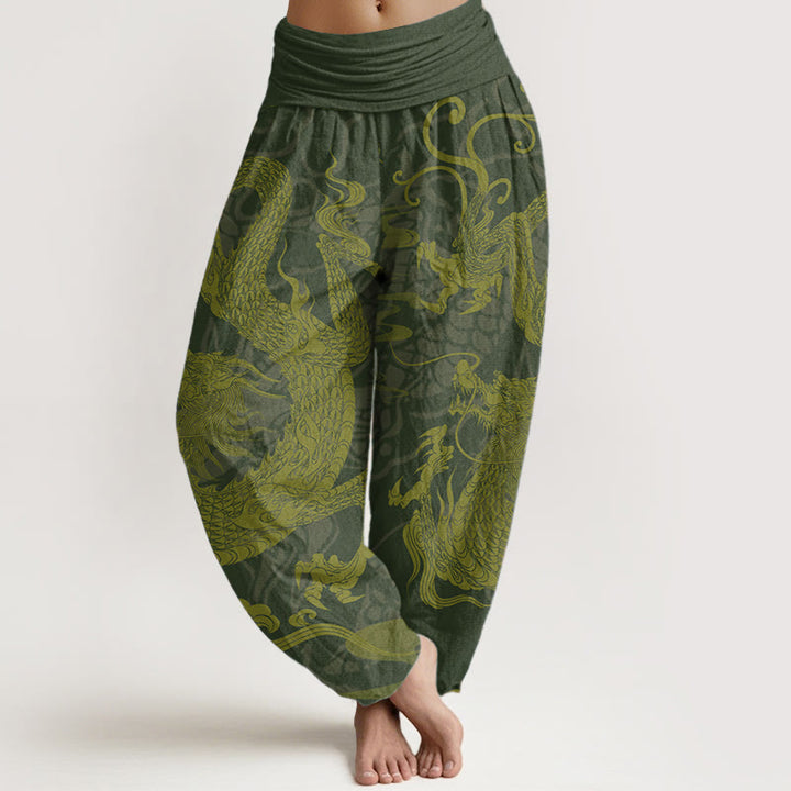 Pantalones harén de algodón puro con diseño de Buddha Stones y nubes auspiciosas para mujer, con cintura elástica - Verde oliva oscuro - US22，UK/AU26，EU54 (6XL) - image 5