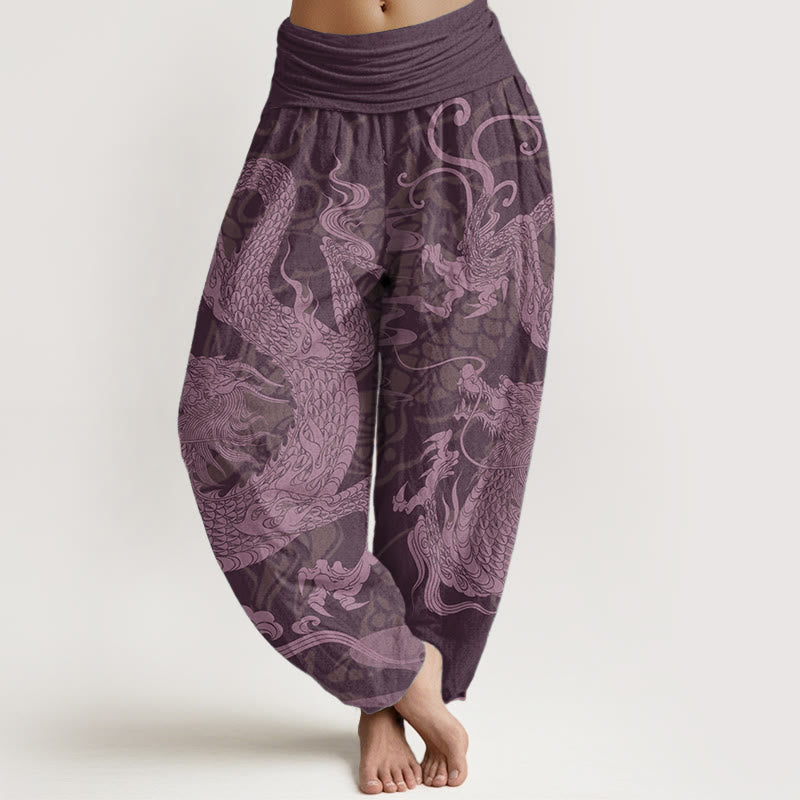 Pantalones harén de algodón puro con diseño de Buddha Stones y nubes auspiciosas para mujer, con cintura elástica