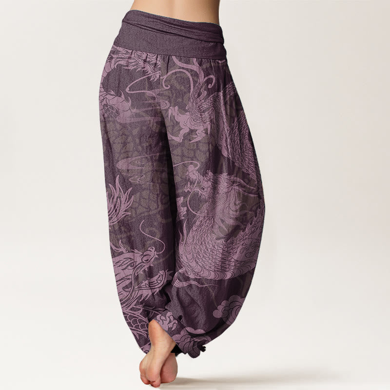 Pantalones harén de algodón puro con diseño de Buddha Stones y nubes auspiciosas para mujer, con cintura elástica