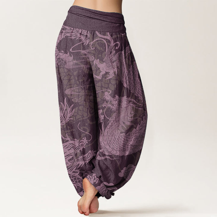 Pantalones harén de algodón puro con diseño de Buddha Stones y nubes auspiciosas para mujer, con cintura elástica