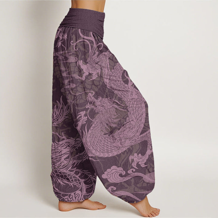 Pantalones harén de algodón puro con diseño de Buddha Stones y nubes auspiciosas para mujer, con cintura elástica
