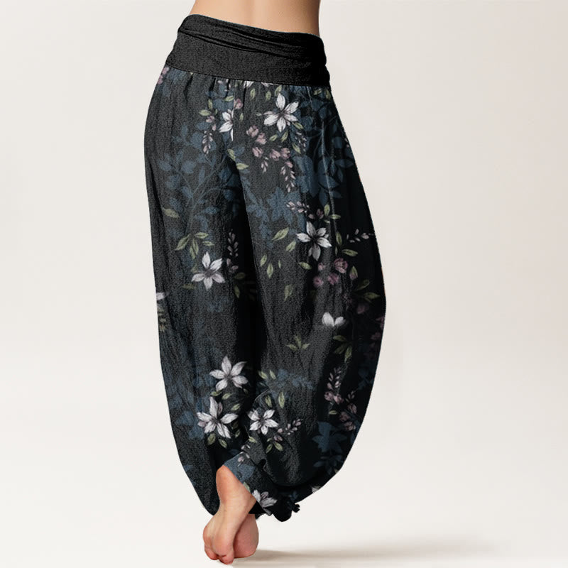 Pantalones harén de algodón puro con diseño de Buddha Stones y pequeñas flores blancas y hojas verdes para mujer, con cintura elástica