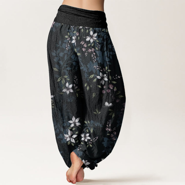 Pantalones harén de algodón puro con diseño de Buddha Stones y pequeñas flores blancas y hojas verdes para mujer, con cintura elástica