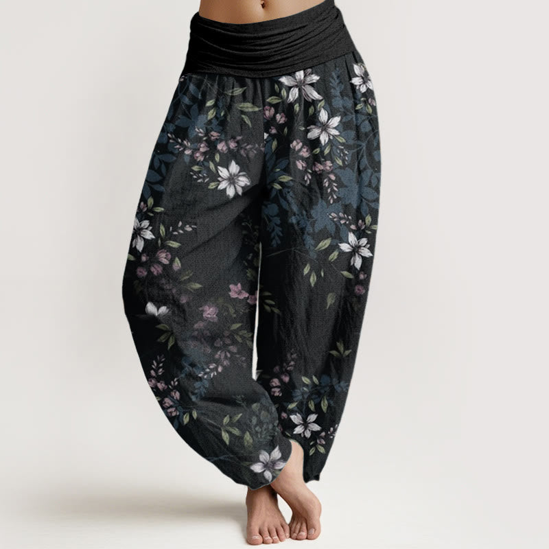 Pantalones harén de algodón puro con diseño de Buddha Stones y pequeñas flores blancas y hojas verdes para mujer, con cintura elástica - Negro - US22，UK/AU26，EU54 (6XL) - image 0