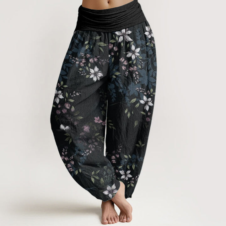 Pantalones harén de algodón puro con diseño de Buddha Stones y pequeñas flores blancas y hojas verdes para mujer, con cintura elástica