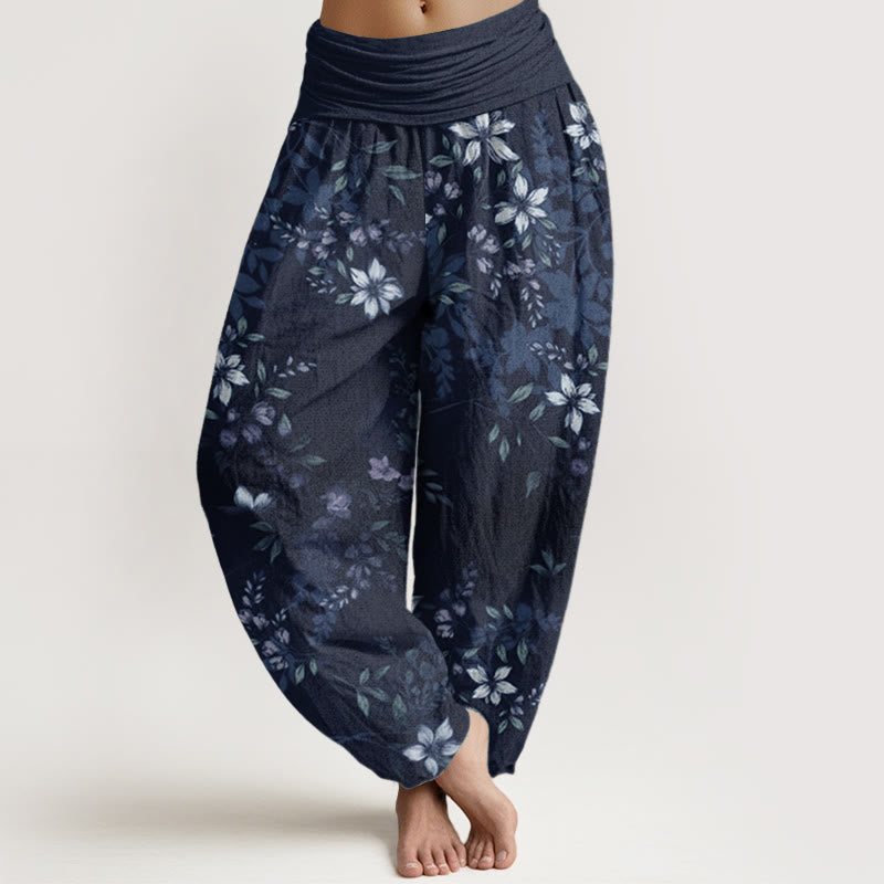 Pantalones harén de algodón puro con diseño de Buddha Stones y pequeñas flores blancas y hojas verdes para mujer, con cintura elástica
