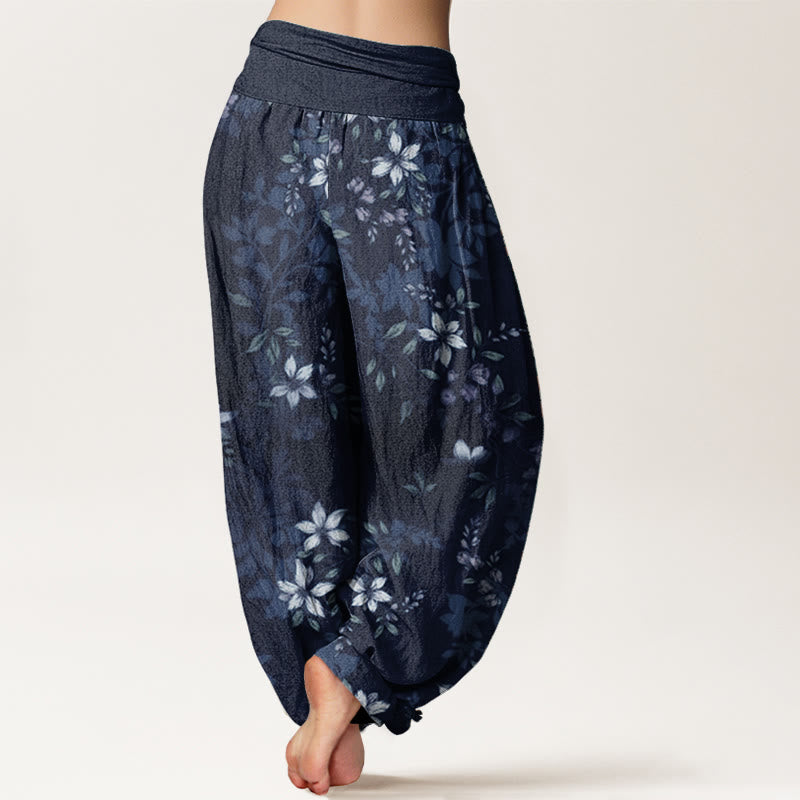Pantalones harén de algodón puro con diseño de Buddha Stones y pequeñas flores blancas y hojas verdes para mujer, con cintura elástica