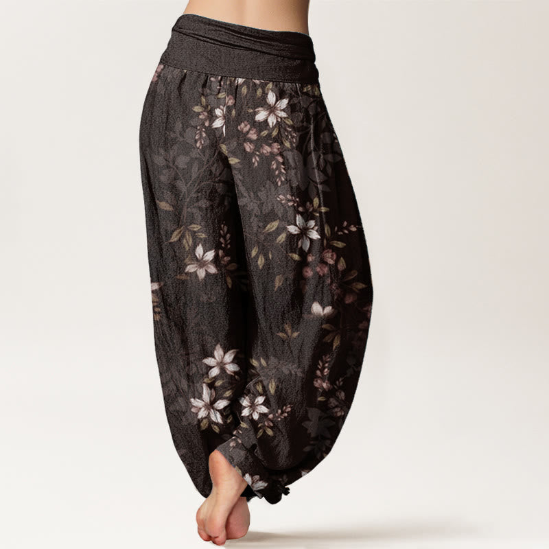Pantalones harén de algodón puro con diseño de Buddha Stones y pequeñas flores blancas y hojas verdes para mujer, con cintura elástica