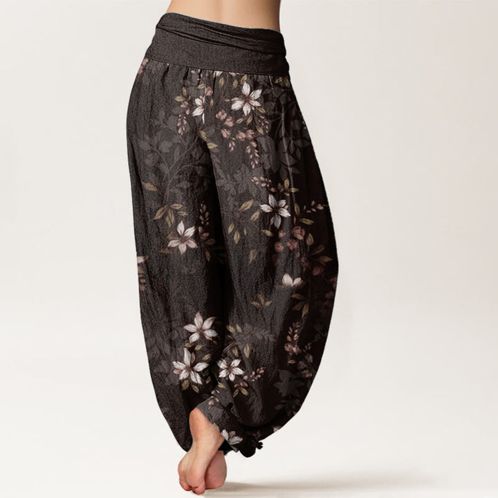 Pantalones harén de algodón puro con diseño de Buddha Stones y pequeñas flores blancas y hojas verdes para mujer, con cintura elástica