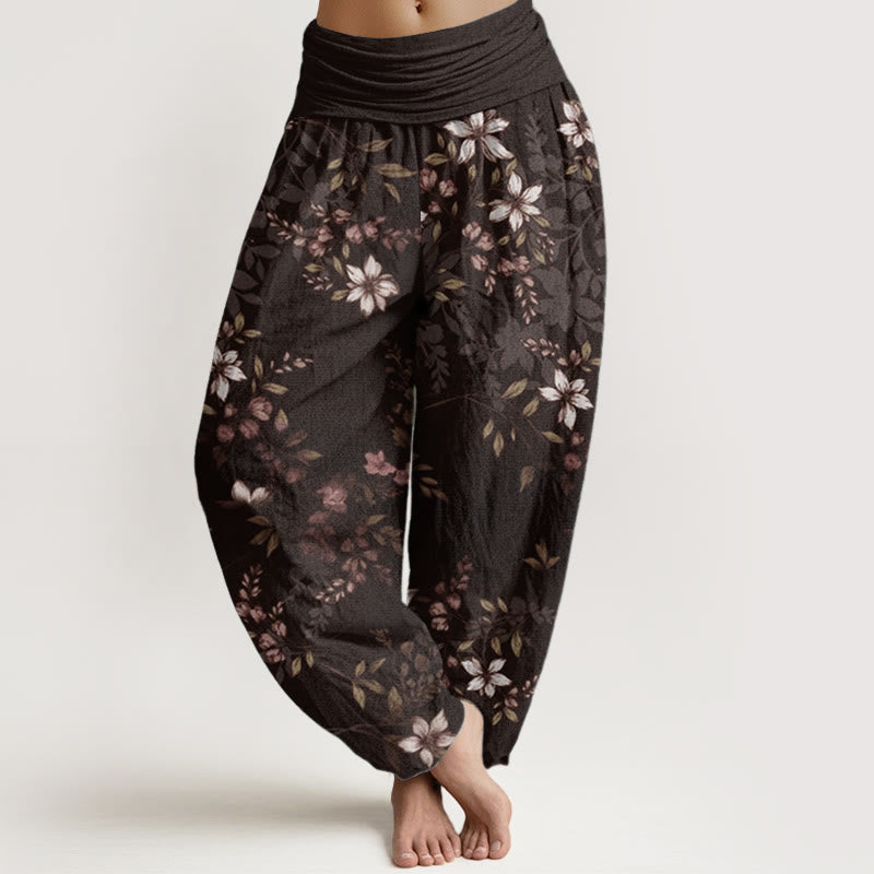 Pantalones harén de algodón puro con diseño de Buddha Stones y pequeñas flores blancas y hojas verdes para mujer, con cintura elástica