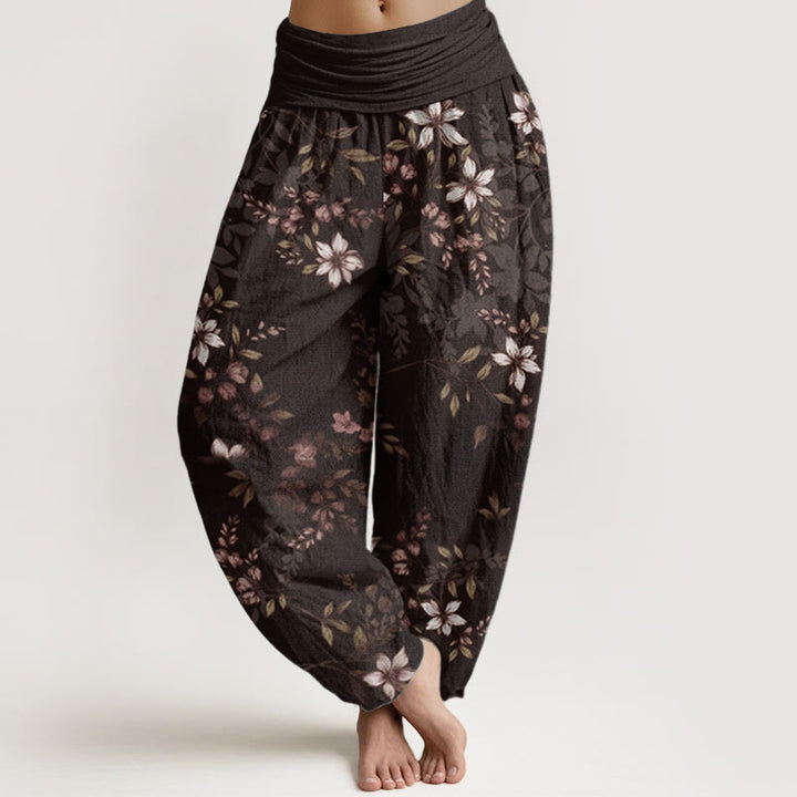 Pantalones harén de algodón puro con diseño de Buddha Stones y pequeñas flores blancas y hojas verdes para mujer, con cintura elástica