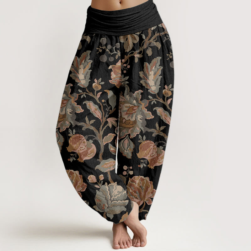 Pantalones Buddha Stones de algodón puro con diseño de flores y capullos para mujer, estilo casual, con cintura elástica - Negro - US22，UK/AU26，EU54 (6XL) - image 0