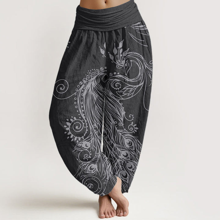 Pantalones Buddha Stones de algodón puro con diseño de pavo real para mujer, estilo casual, con cintura elástica - Negro - US22，UK/AU26，EU54 (6XL) - image 0