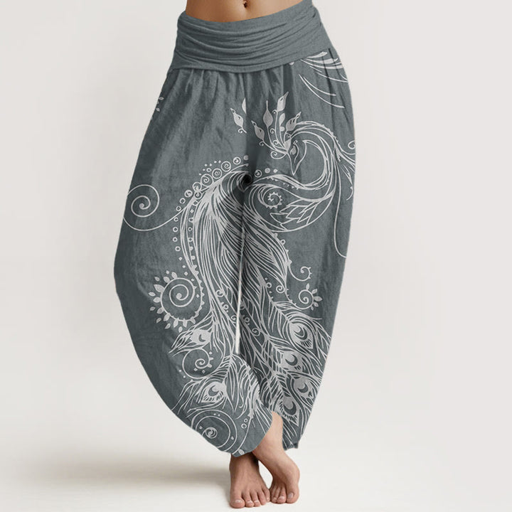 Pantalones Buddha Stones de algodón puro con diseño de pavo real para mujer, estilo casual, con cintura elástica - Gris pizarra - US22，UK/AU26，EU54 (6XL) - image 5