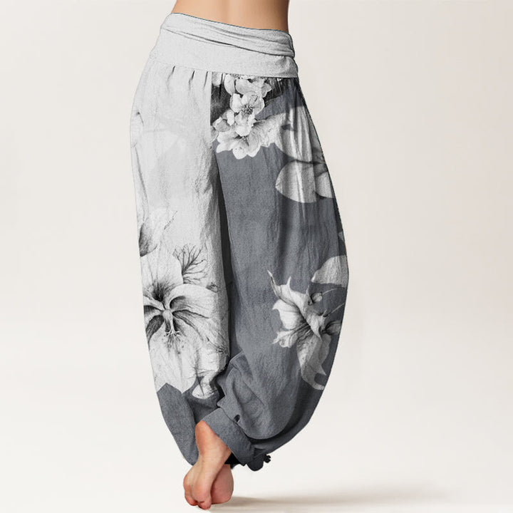 Pantalones Buddha Stones de algodón puro con estampado de camelia y cintura elástica para mujer