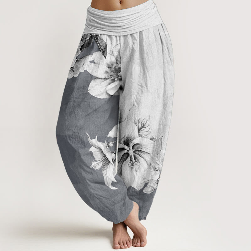 Pantalones Buddha Stones de algodón puro con estampado de camelia y cintura elástica para mujer