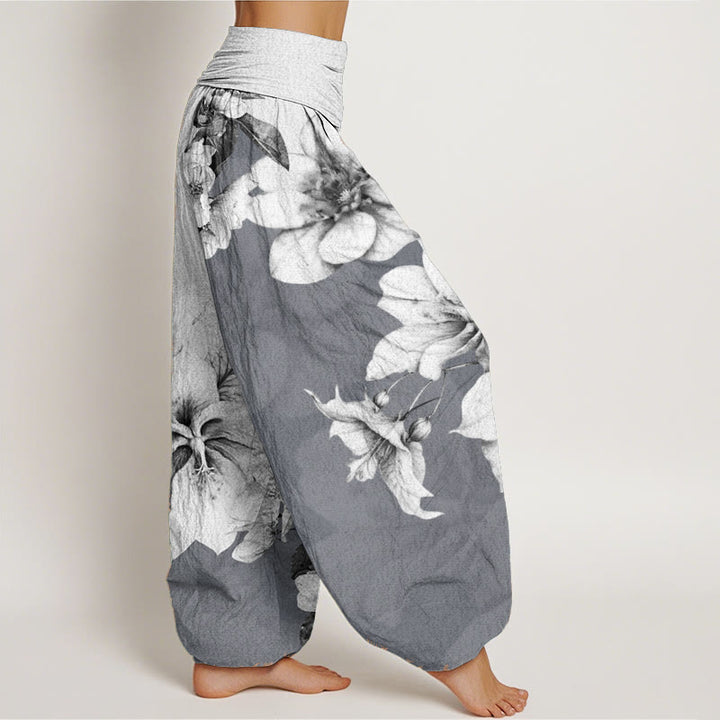 Pantalones Buddha Stones de algodón puro con estampado de camelia y cintura elástica para mujer