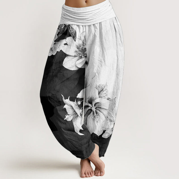 Pantalones Buddha Stones de algodón puro con estampado de camelia y cintura elástica para mujer