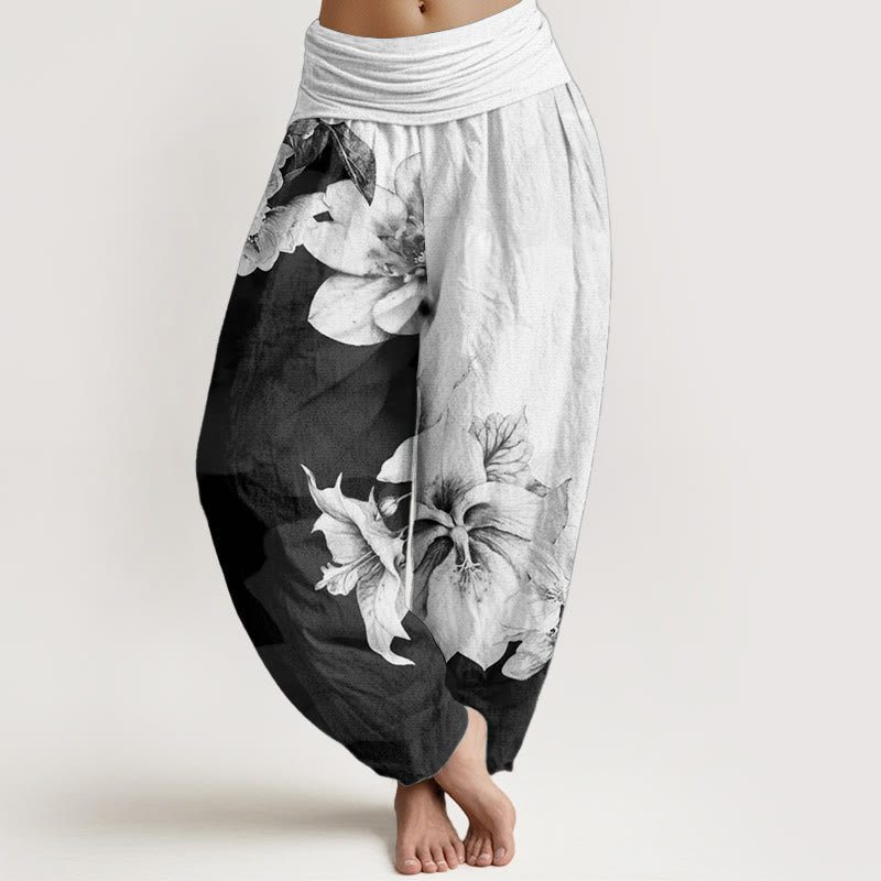 Pantalones Buddha Stones de algodón puro con estampado de camelia y cintura elástica para mujer - Humo blanco - US22，UK/AU26，EU54 (6XL) - image 0