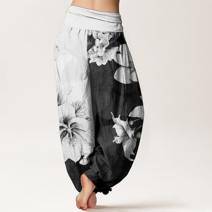 Pantalones Buddha Stones de algodón puro con estampado de camelia y cintura elástica para mujer