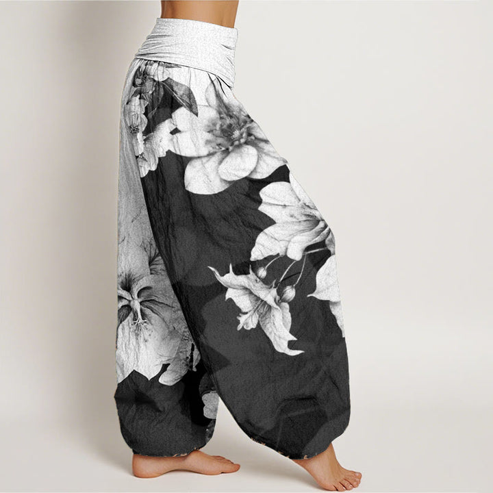 Pantalones Buddha Stones de algodón puro con estampado de camelia y cintura elástica para mujer