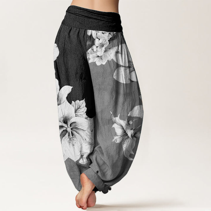 Pantalones Buddha Stones de algodón puro con estampado de camelia y cintura elástica para mujer