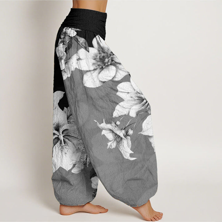 Pantalones Buddha Stones de algodón puro con estampado de camelia y cintura elástica para mujer