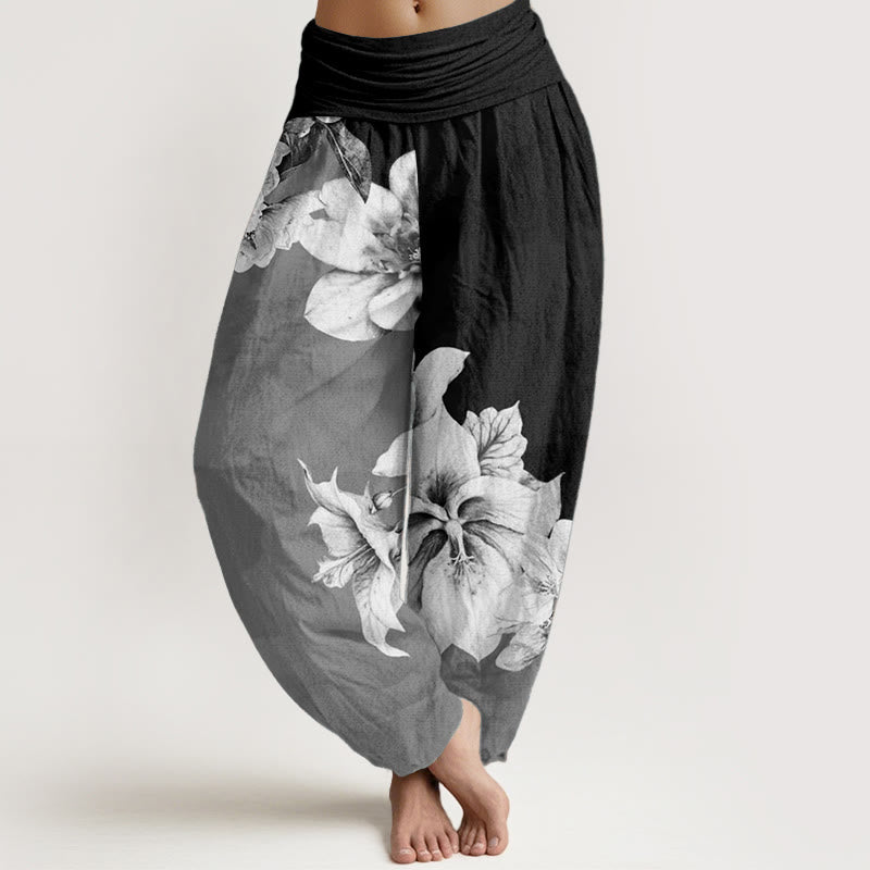 Pantalones Buddha Stones de algodón puro con estampado de camelia y cintura elástica para mujer