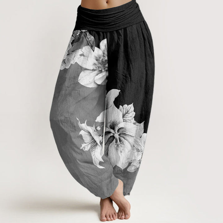 Pantalones Buddha Stones de algodón puro con estampado de camelia y cintura elástica para mujer