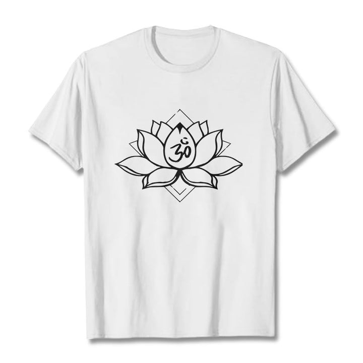 Camiseta de algodón con estampado sánscrito Om y loto floreciente de Buddha Stones - Blanco - 2XL - image 5