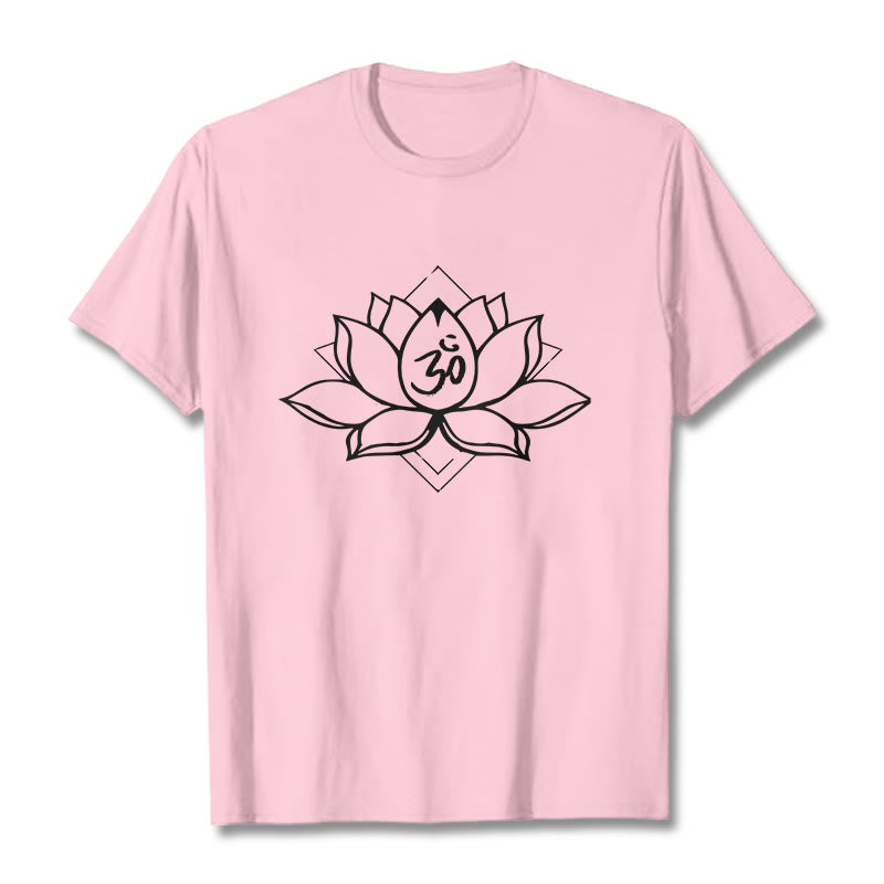 Camiseta de algodón con estampado sánscrito Om y loto floreciente de Buddha Stones - rosa claro - 2XL - image 12