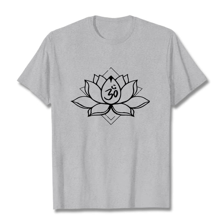 Camiseta de algodón con estampado sánscrito Om y loto floreciente de Buddha Stones - Gris claro - 2XL - image 20