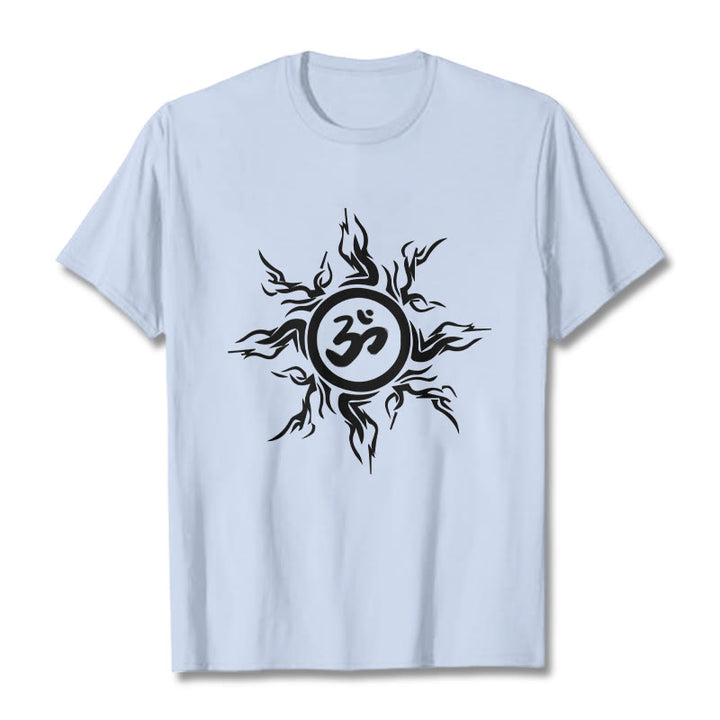 Camiseta de algodón con diseño de rayos de sol y Buddha Stones alrededor del símbolo Om - Cian claro - 2XL - image 18