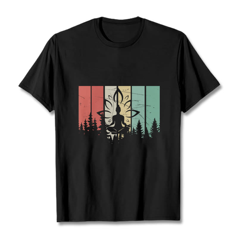 Camiseta de algodón con estatua de Buda meditando en posición de loto y estampado de sombras. - Negro - 2XL - image 0