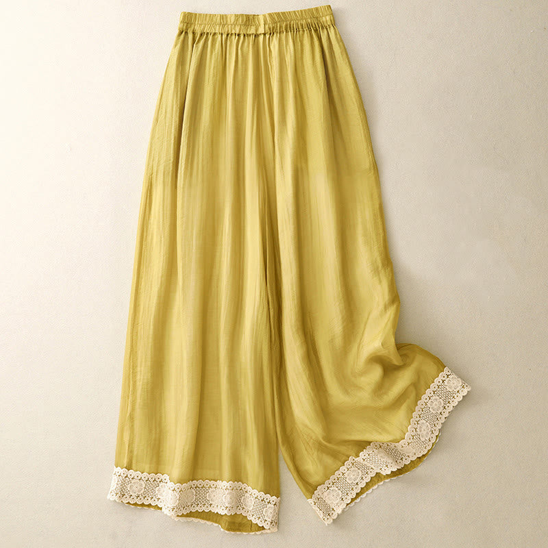 Pantalones de pierna ancha de lino y algodón con bolsillos para mujer, estilo vintage, informal, de color liso, con encaje y puños de patchwork, de Buddha Stones - Oro - US8-10，UK/AU12-14，EU40-42 (2XL) - image 0