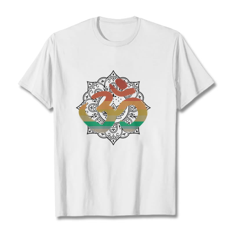 Camiseta de algodón con estampado de mandala sánscrito Om en degradado de colores y Buddha Stones - Blanco - 2XL - image 3