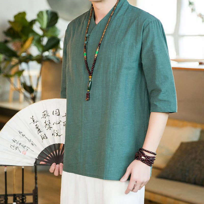 Camisa de algodón de manga tres cuartos para hombre, diseño vintage de botones de rana en color liso, con estampado de Buddha Stones, de verano - Cian oscuro - US/UK/AU46, EU56 (5XL) - image 0